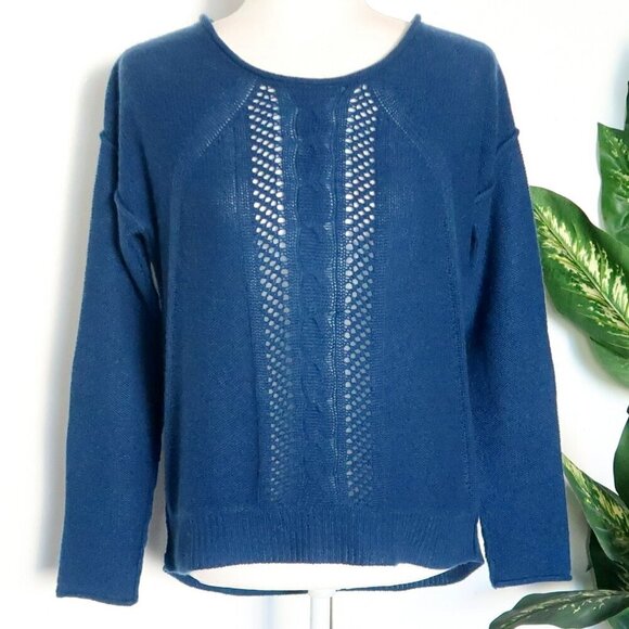 360 Cashmere Blue Cable & Open Knit Long Sleeve Boat Neck Sweater Pullover Small - Picture 2 of 12